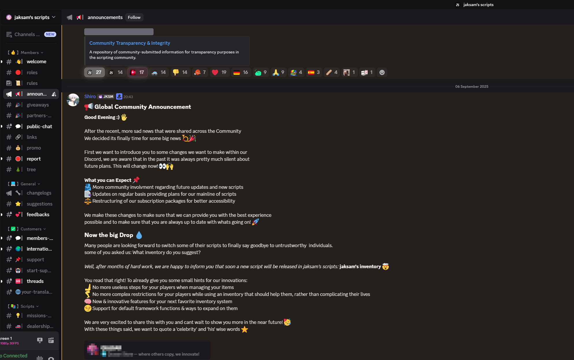 Jaksam using Quasar's Discord profile picture to promote his inventory