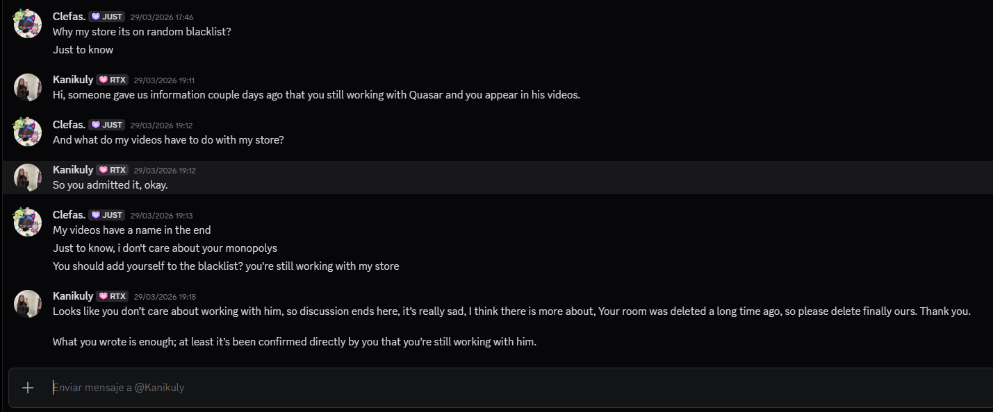 Conversation — blacklist threat over Quasar partnership